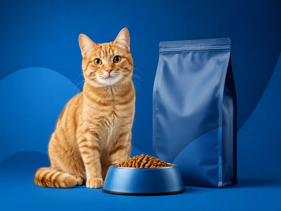 Gato naranja con alimento para gatos en la tienda Vet Chile