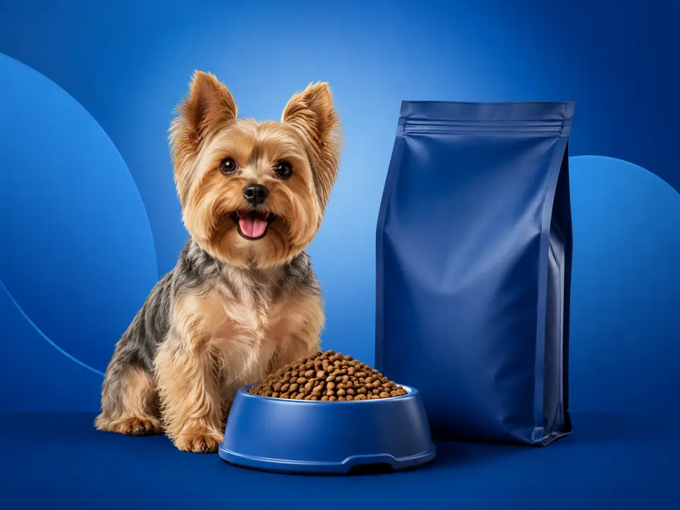 Perro Yorkshire con alimento para perros en la tienda Vet Chile