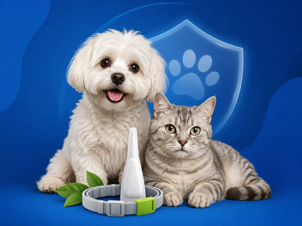 Perro y gato con productos antiparasitarios para mascotas
