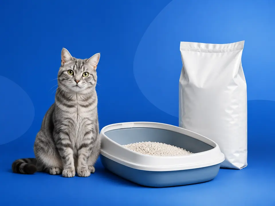 Gato junto a arena sanitaria y caja de arena