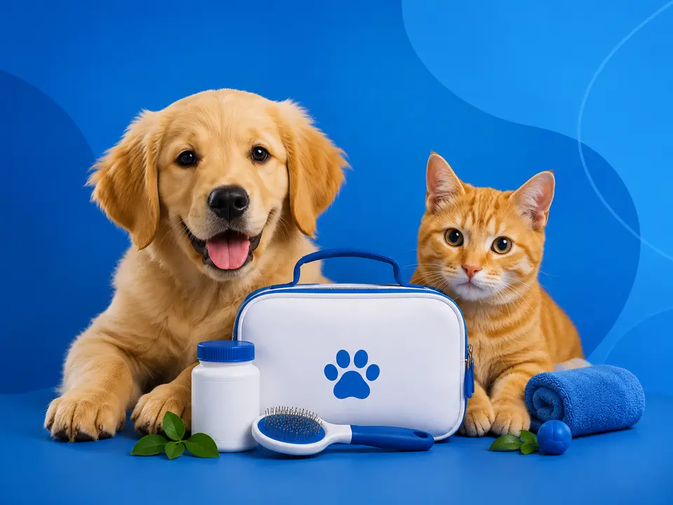 Perro y gato con productos de farmacia y bienestar para mascotas