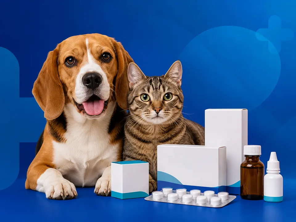 Perro y gato junto a medicamentos veterinarios en Vet Chile