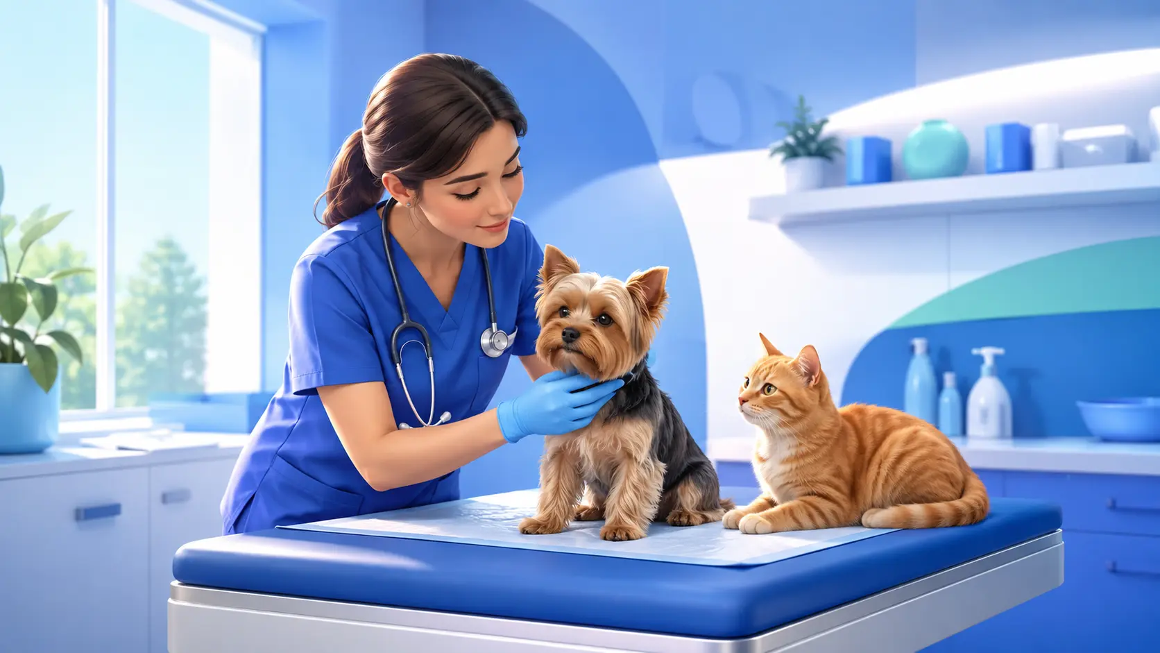 Ilustración de consulta veterinaria para perros y gatos en Vet Chile