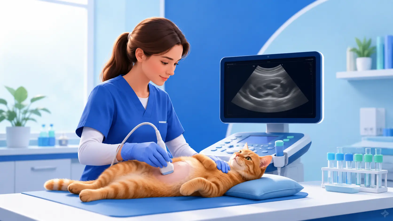 Ilustración de ecografía y exámenes veterinarios en Vet Chile